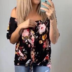 Boho Hippie Black Floral On Off Shoulder Peasant Top Shirt Stretch Boutique SS
